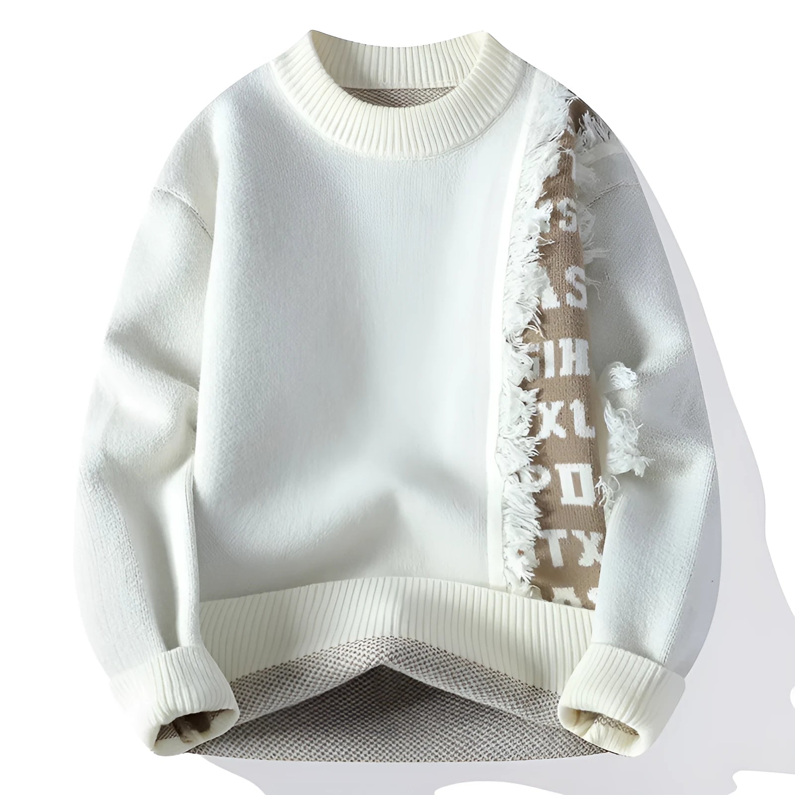 Man wearing a loose gray knitted pullover with long sleeves and a ribbed hemline.
