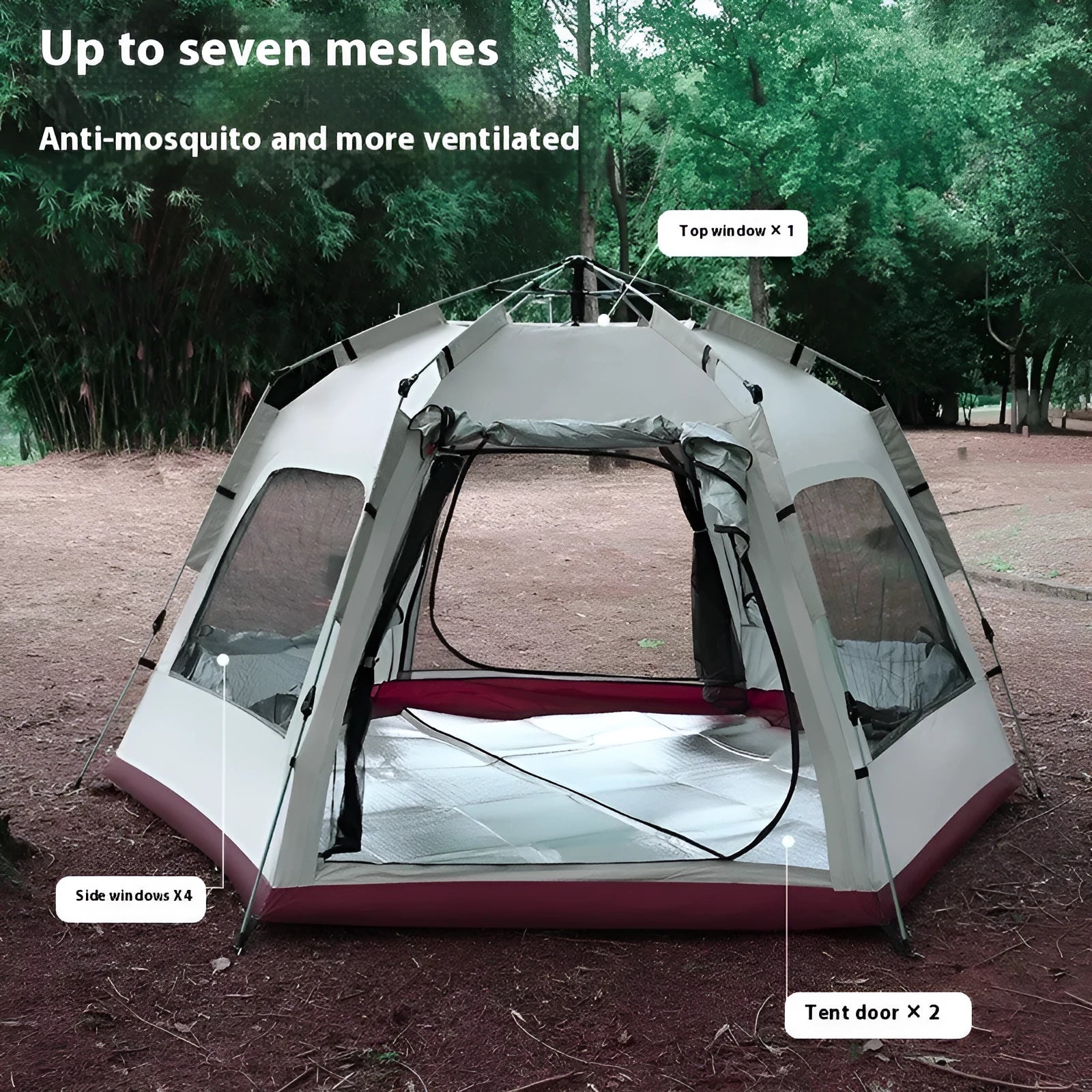 Beige outdoor camping tent, large hexagonal automatic tent 280x240x155cm, windproof waterproof anti mosquito