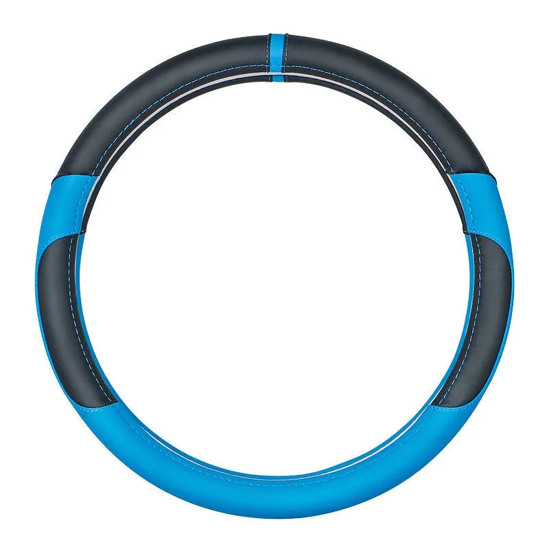 Universal leather steering wheel cover in round and D-shaped styles for 38cm wheels.