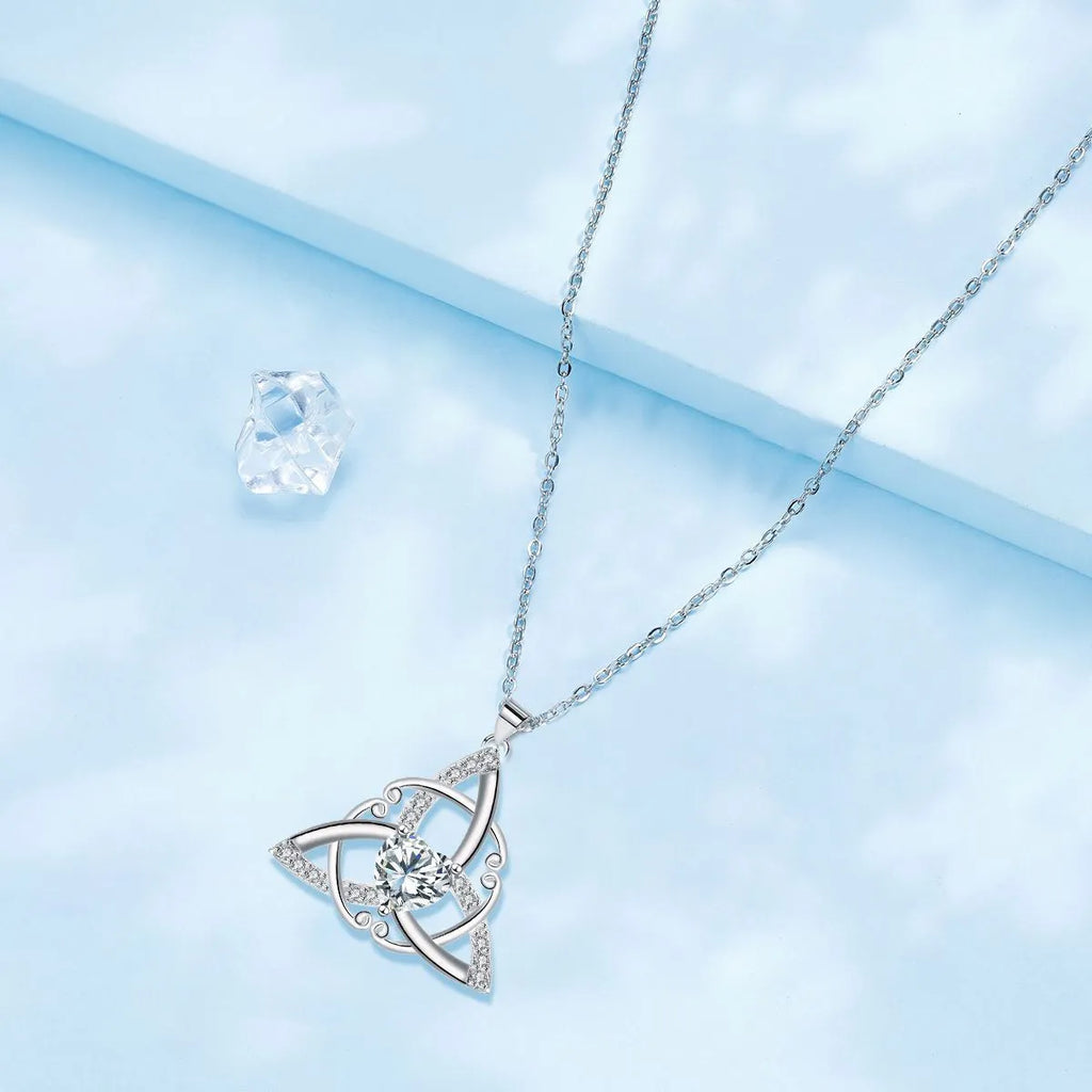 Geometric Celtic knot pendant necklace for women in copper with a choice of electroplated colour finishes.