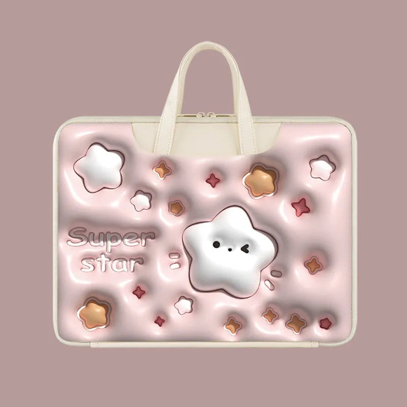 Inflatable laptop bag with PU leather lining and character design hanging from suitcase