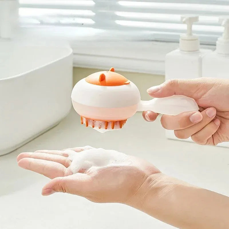 Automatic cleaning pet bath brush with soft gel massage nodes in blue and orange colour options