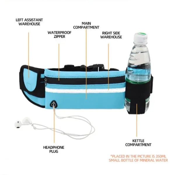 Nylon fitness waist bag with zippered anti-theft pocket in slim 20x10cm horizontal square shape