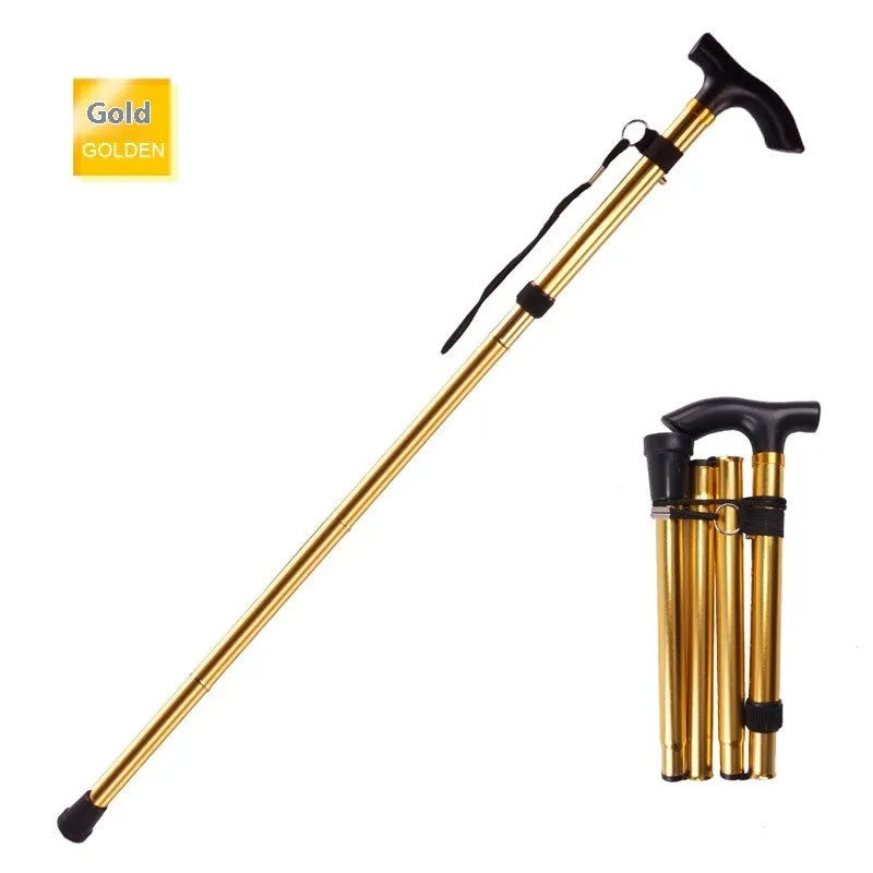 Aluminium alloy folding walking stick adjusted to mid-height, showing non-slip handle.