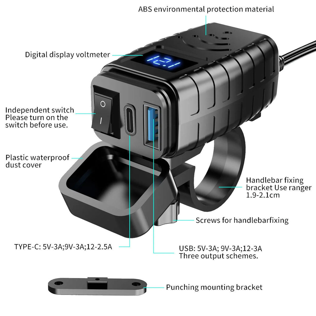 Motorcycle mobile phone charger with waterproof digital display and blue screen, 150cm cable, for most motorcycles.