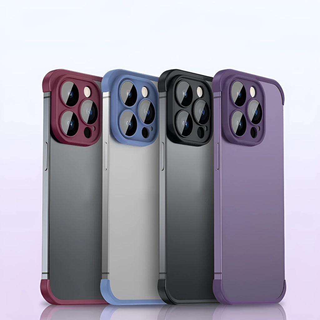Corner pad TPU iPhone case with glass lens film in dark purple, black, red, and blue colour options