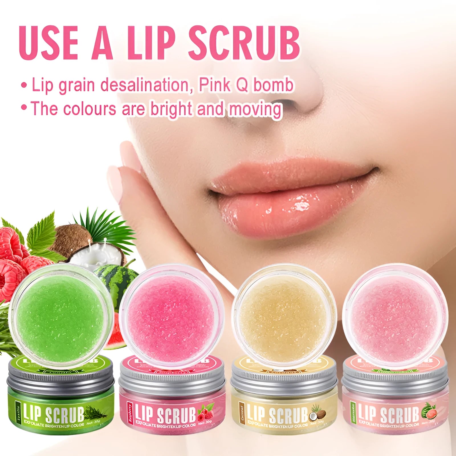 Amatoni Lip Scrub cream in 30g container with coconut raspberry vanilla watermelon flavour options