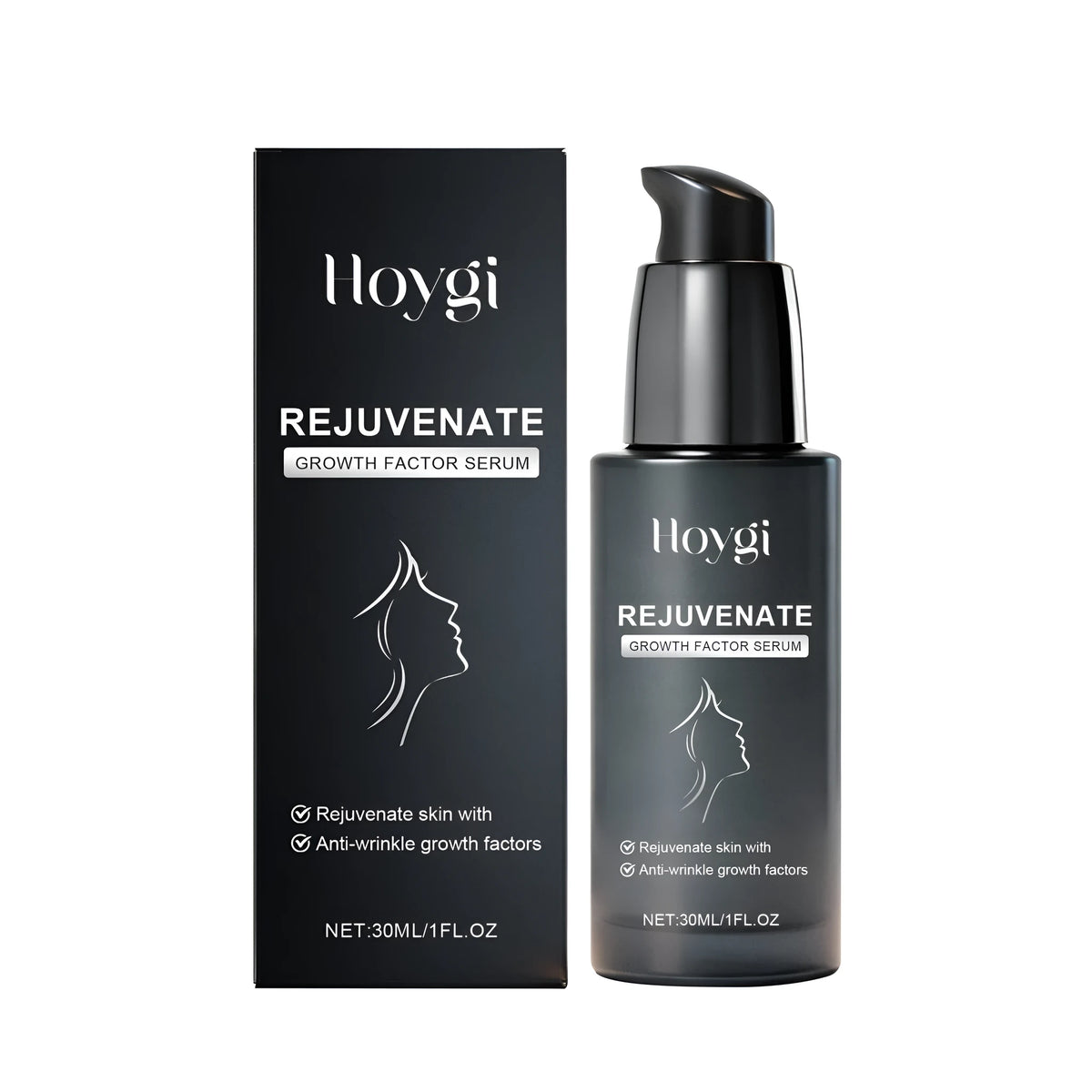Rejuvenate Growth Factor Serum 30ml compact liquid bottle with acetyl hexapeptide-8, collagen, and hyaluronic acid