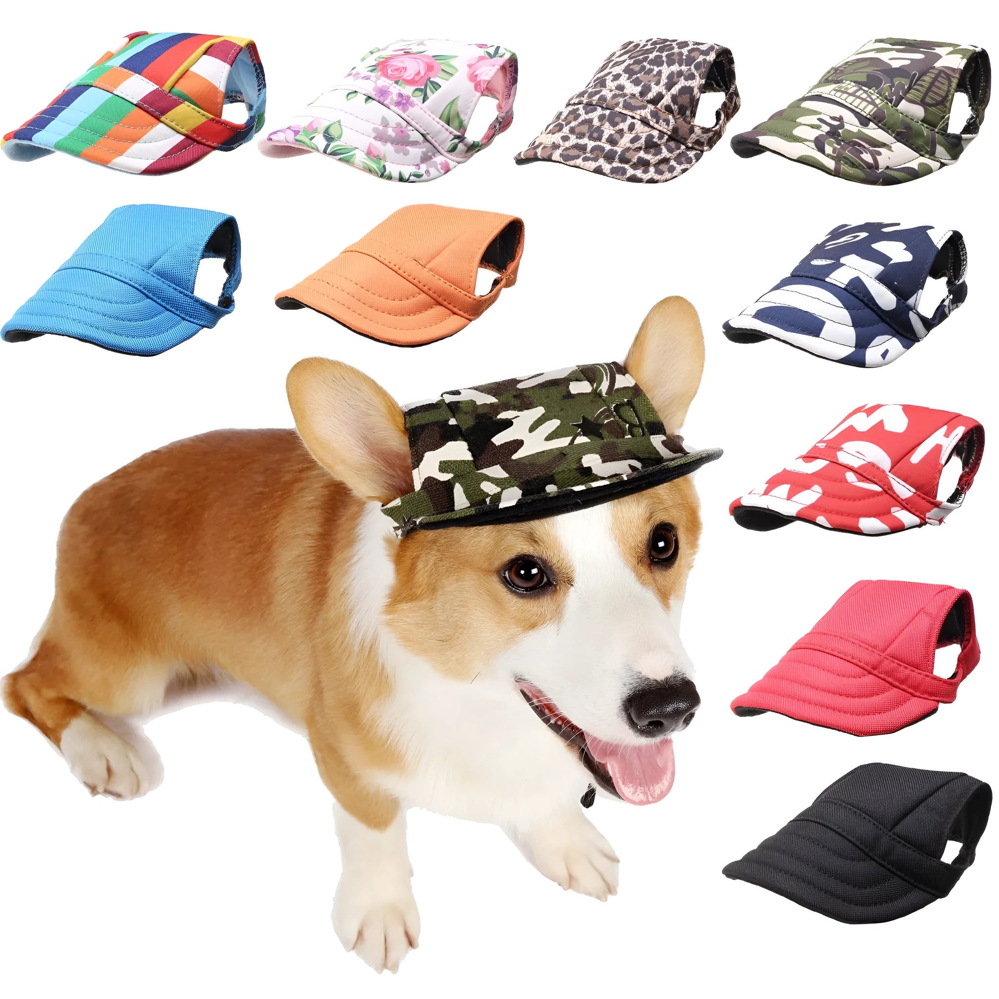 Dog wearing a baseball-style sun hat made of 63% cotton and 37% Terylene in a casual outdoor setting
