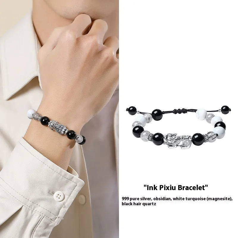 Sterling silver hand-woven bracelet with animal tassels and couple certificate in national fashion style