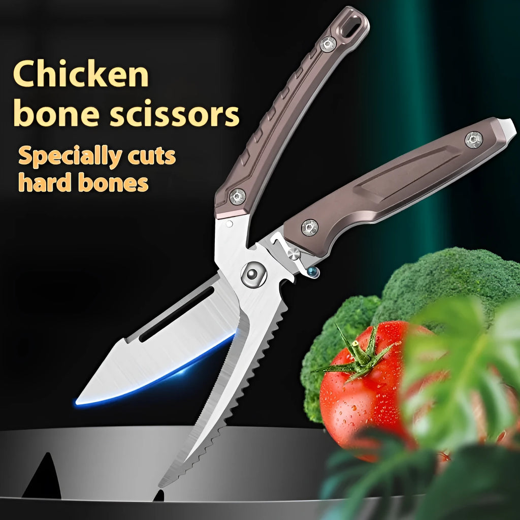Pair of brown and silver multi-functional chicken bone scissors with high carbon steel blades, size 25 x 6.2cm