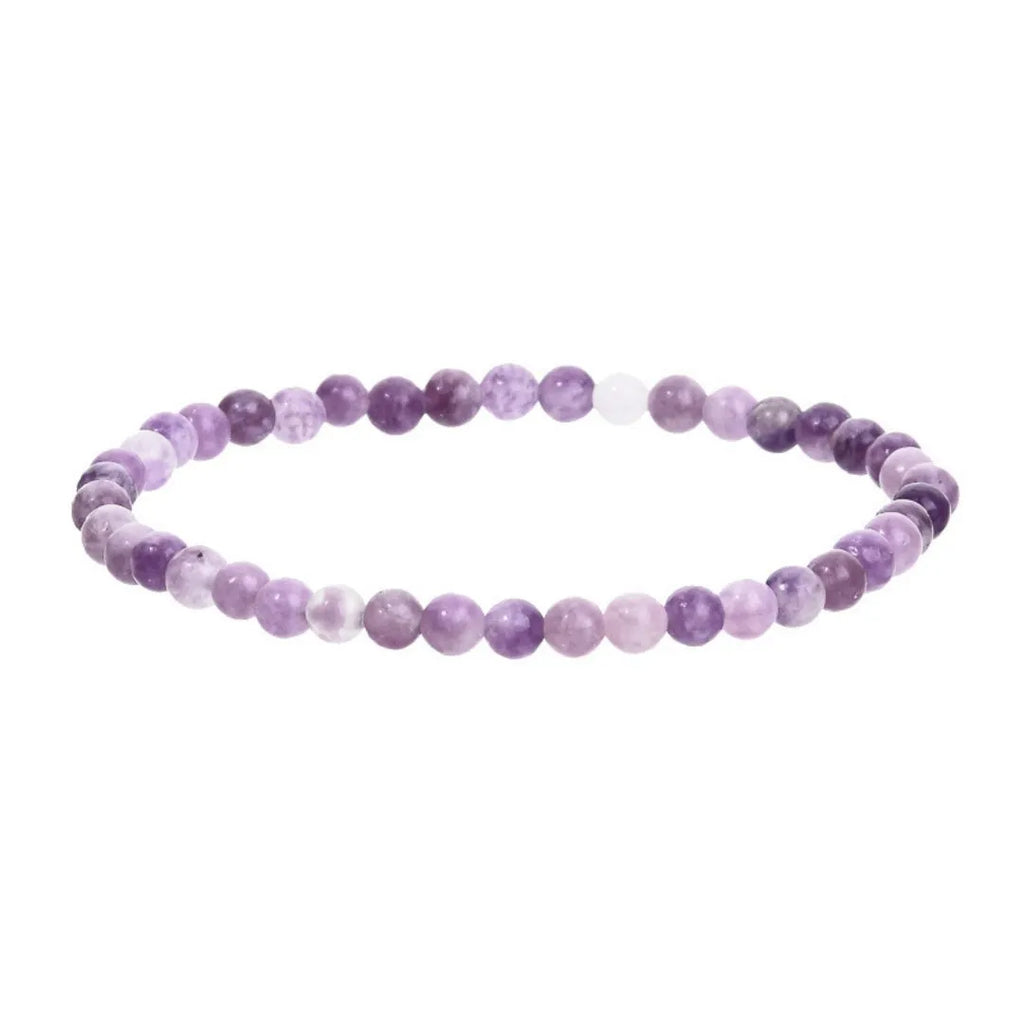 Purple geometric stone bead elastic bracelet showing four size options from 4MM to 10MM diameter.