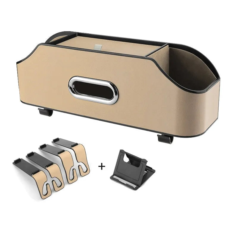 Genuine leather car tissue box and cup holder storage unit in beige colour.