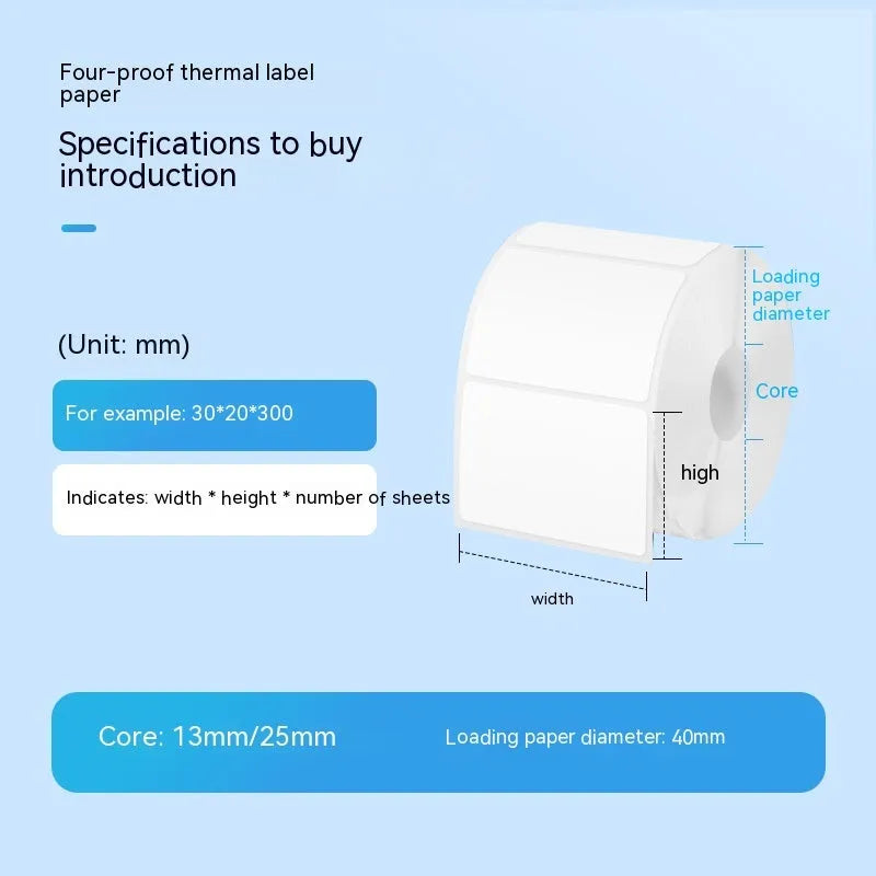 Roll of white 40x40mm thermosensitive adhesive label paper for thermal printers.