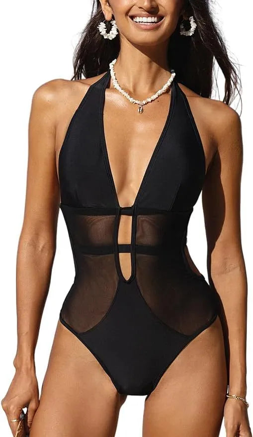 Black women's one-piece swimsuit with V-neck, mesh detailing and adjustable straps