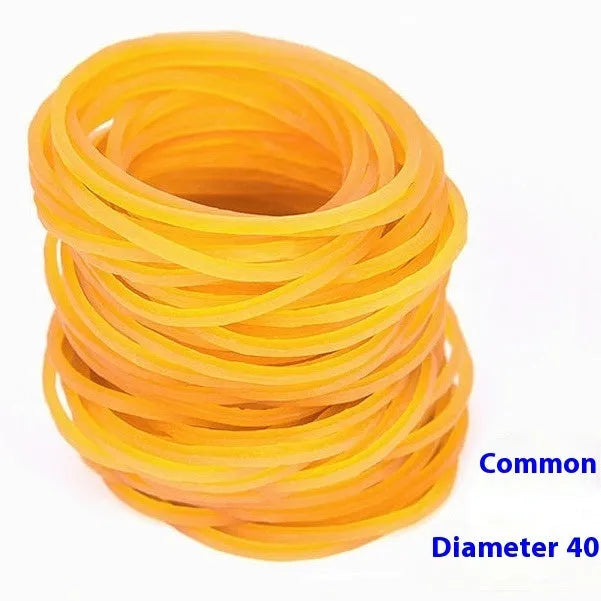 500g pack of yellow rubber bands in seven diameters from 16mm to 70mm