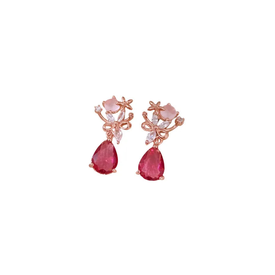 French style light luxury silver needle zircon flower drop earrings for women copper base rose gold colour