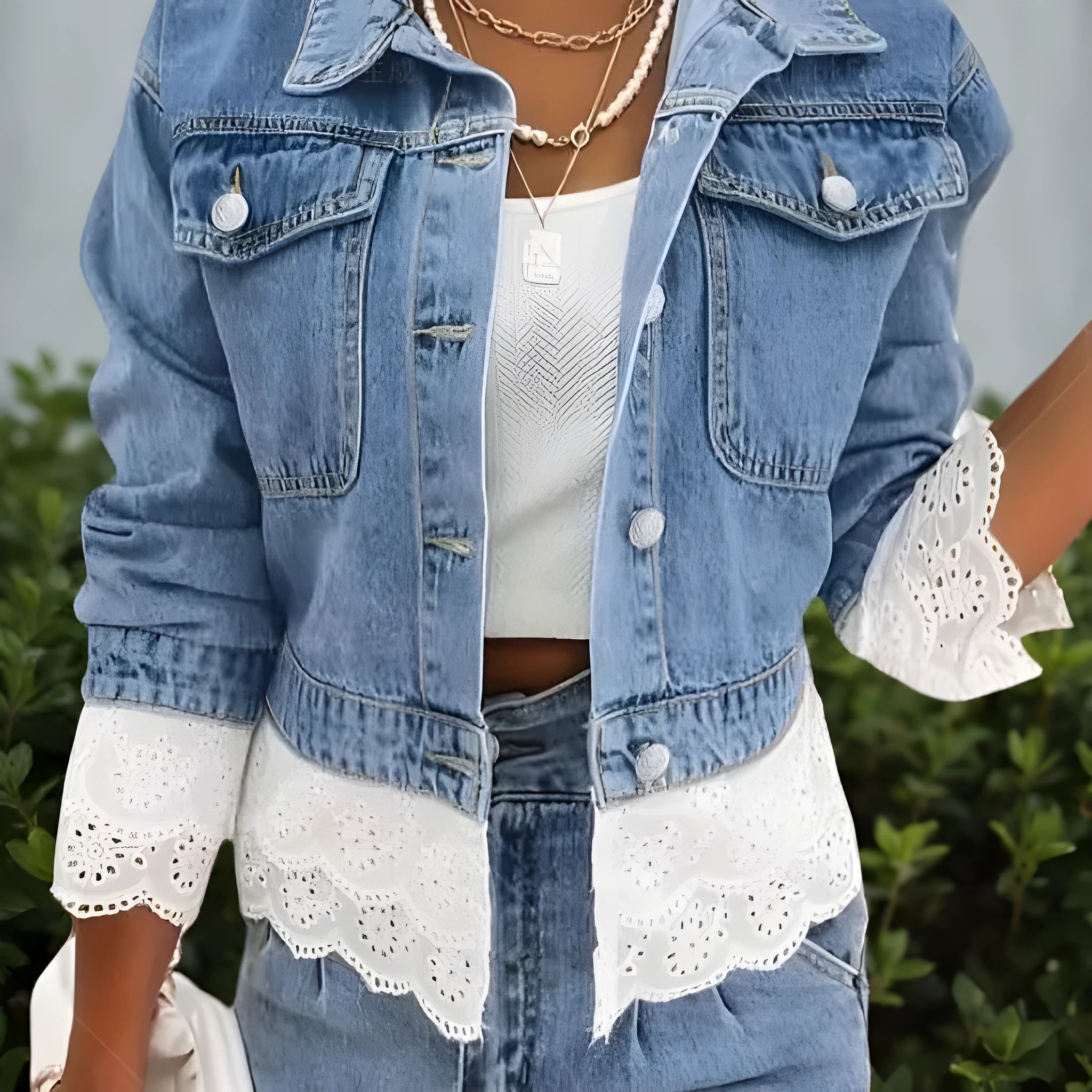 Blue women's denim jacket with white lace stitching detail on the front and sleeves.