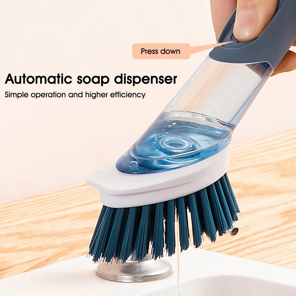 Multifunctional kitchen dish brush with soap dispenser and long handle in blue