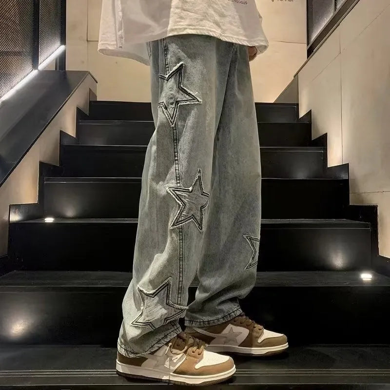 Star embroidery straight leg casual men jeans gothic wide leg hip-hop denim trousers in blue colour