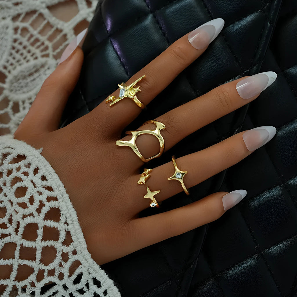 Geometric metal lava line four-piece ring set for women, electroplated mixed material, 4 Set colour, 8.5g