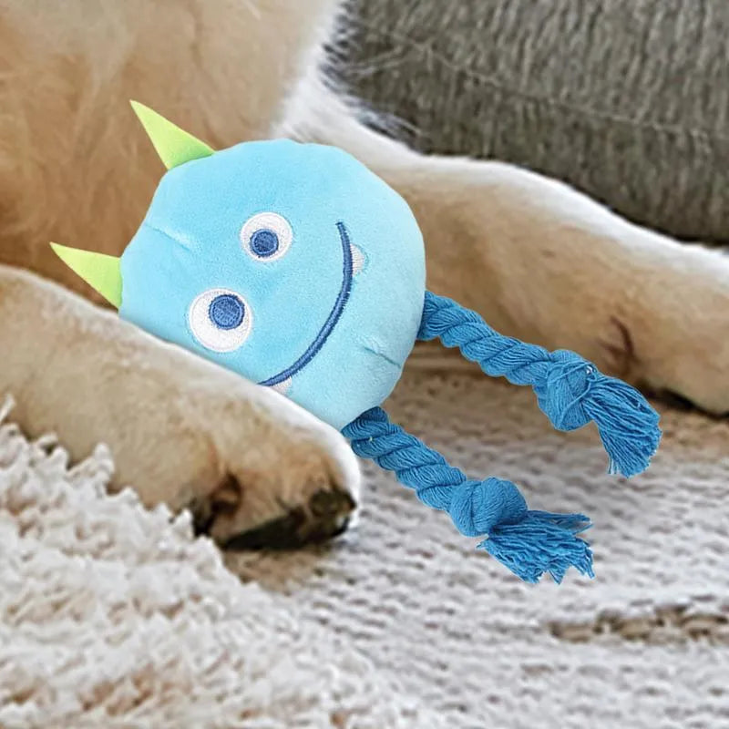 Blue and yellow dog squeaky toy with strong knot design cotton rope construction
