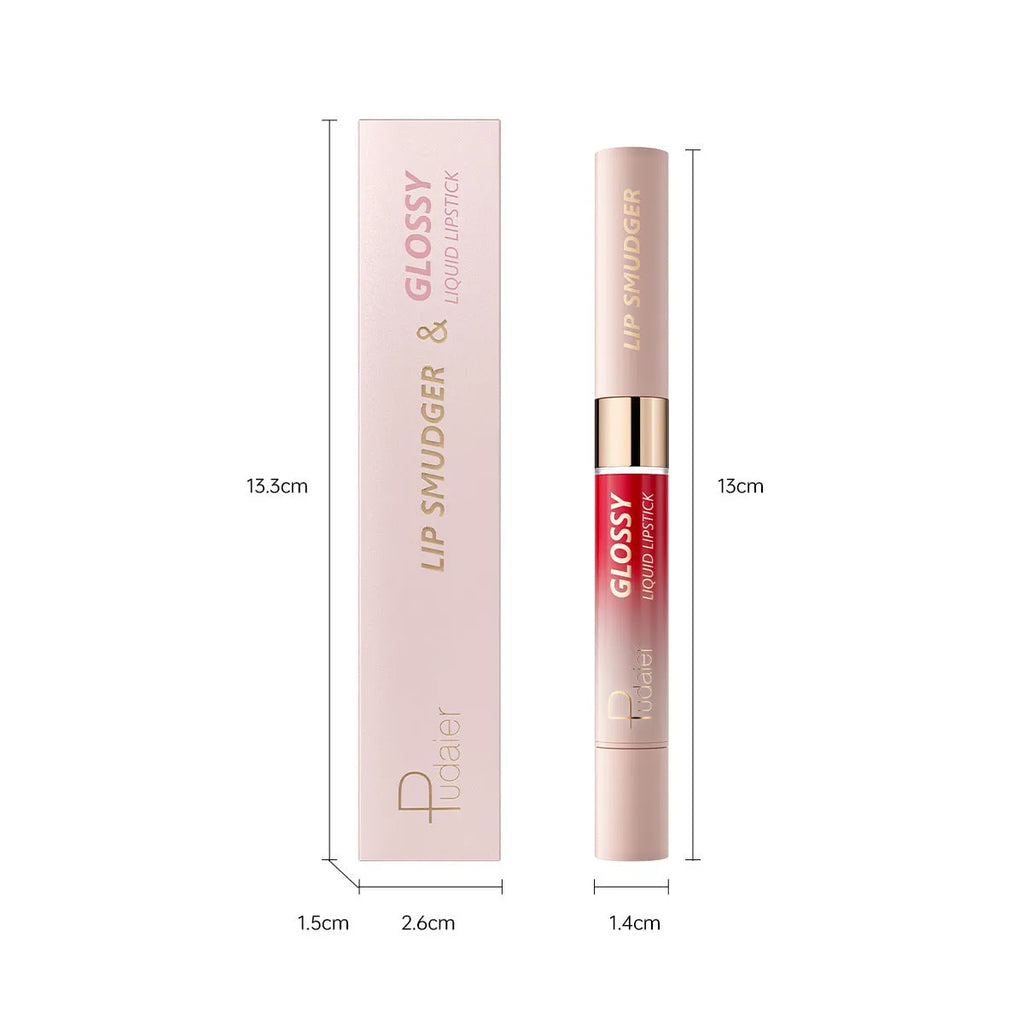 Double-headed lipstick showing matte lipstick on one end and lip gloss on the other in silver casing
