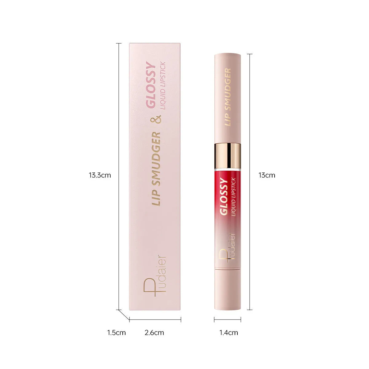Double-headed lipstick showing matte lipstick on one end and lip gloss on the other in silver casing