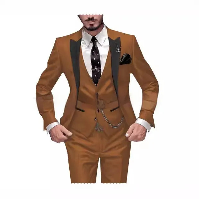 Black collar color block nylon three piece suit set with blazer vest and trousers for light business wear