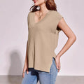 Women's V-neck sleeveless pullover vest in camel colour viscose fibre fabric