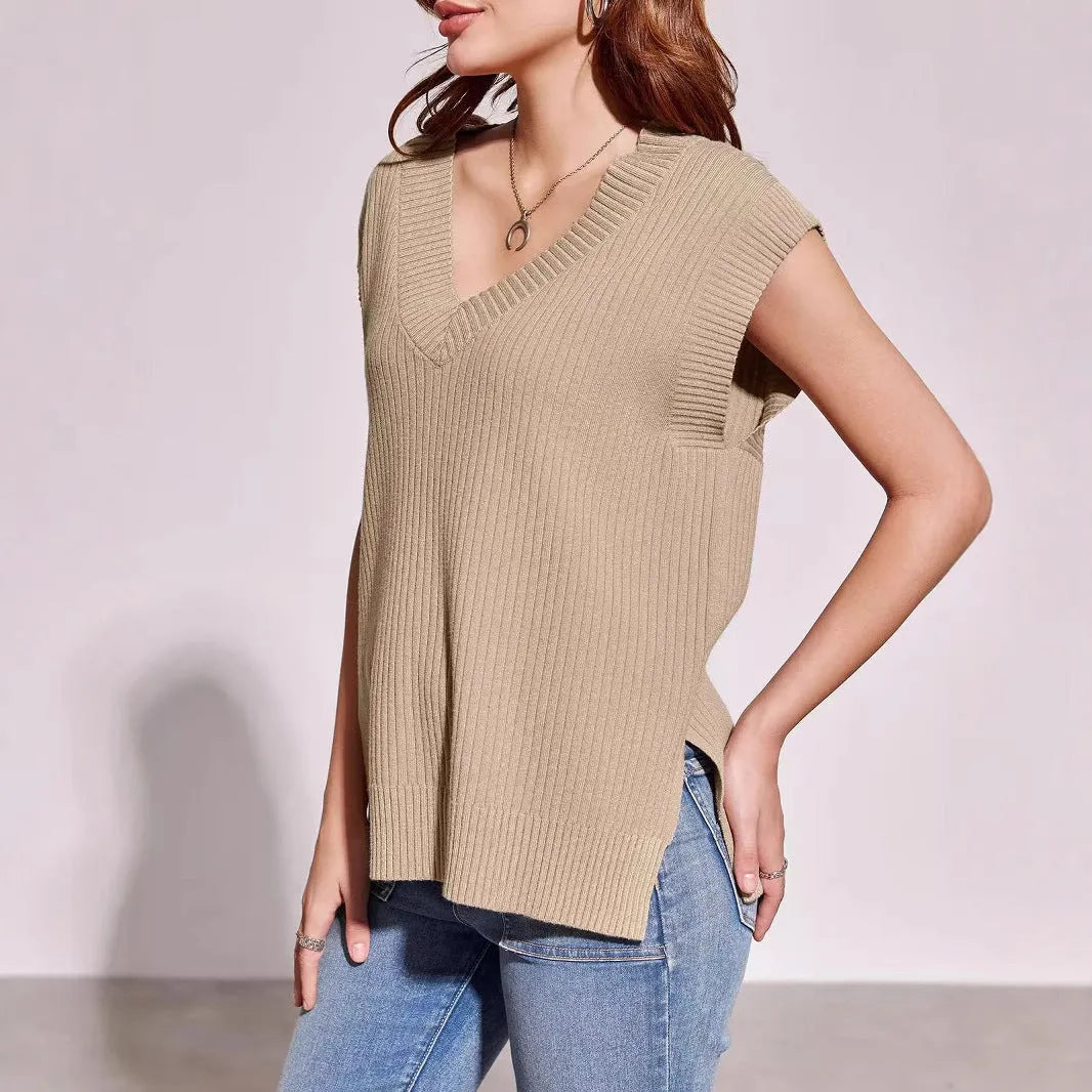 Women's V-neck sleeveless pullover vest in camel colour viscose fibre fabric