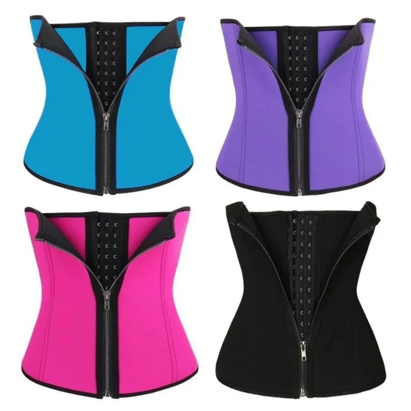 Neoprene breasted belly band for body shaping in black, blue, purple, and red colours.