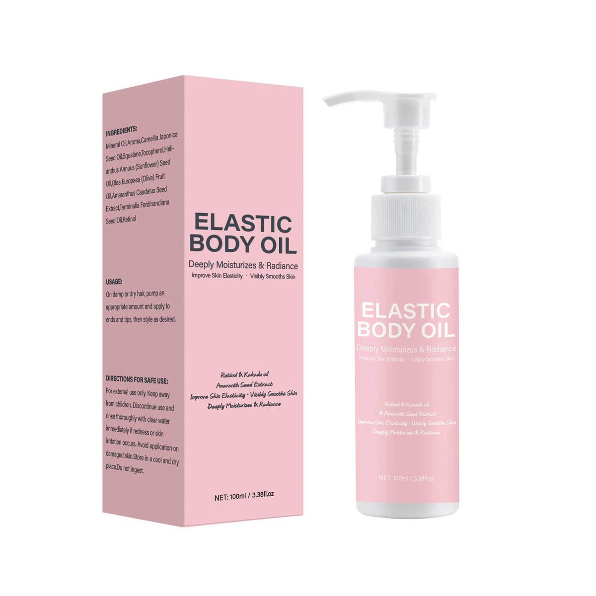 Body Care Elastomer Oil 100ml in a white bottle with a black cap, for daily moisturising