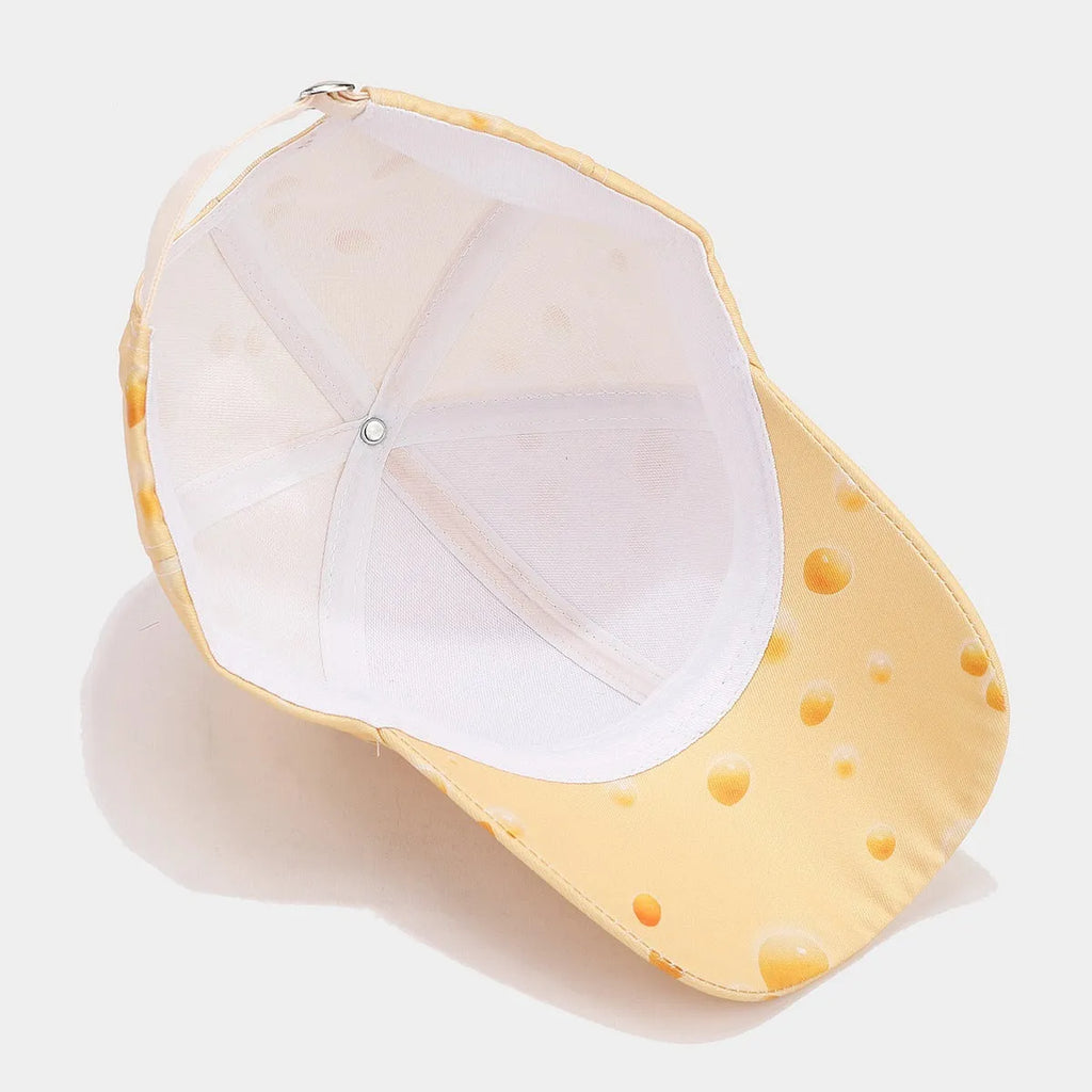 Cheese pattern printed peaked cap with adjustable size and dome crown