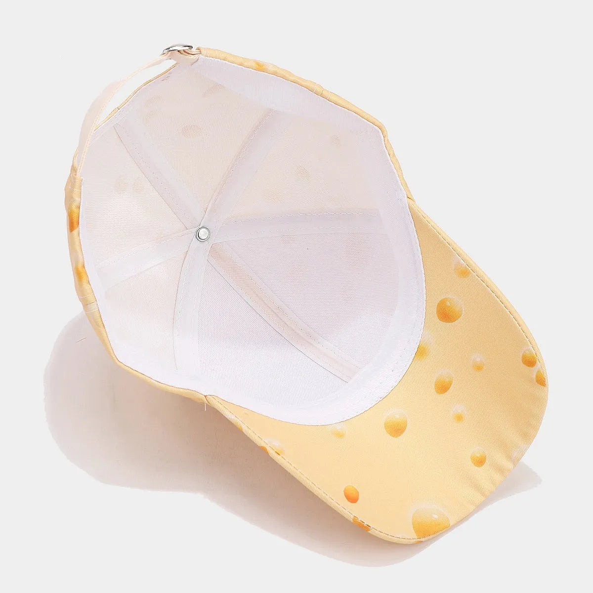 Cheese pattern printed peaked cap with adjustable size and dome crown