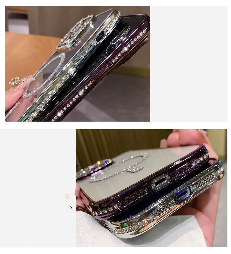 Wireless magnetic iPhone case in deep purple colour with electroplated design on a table.