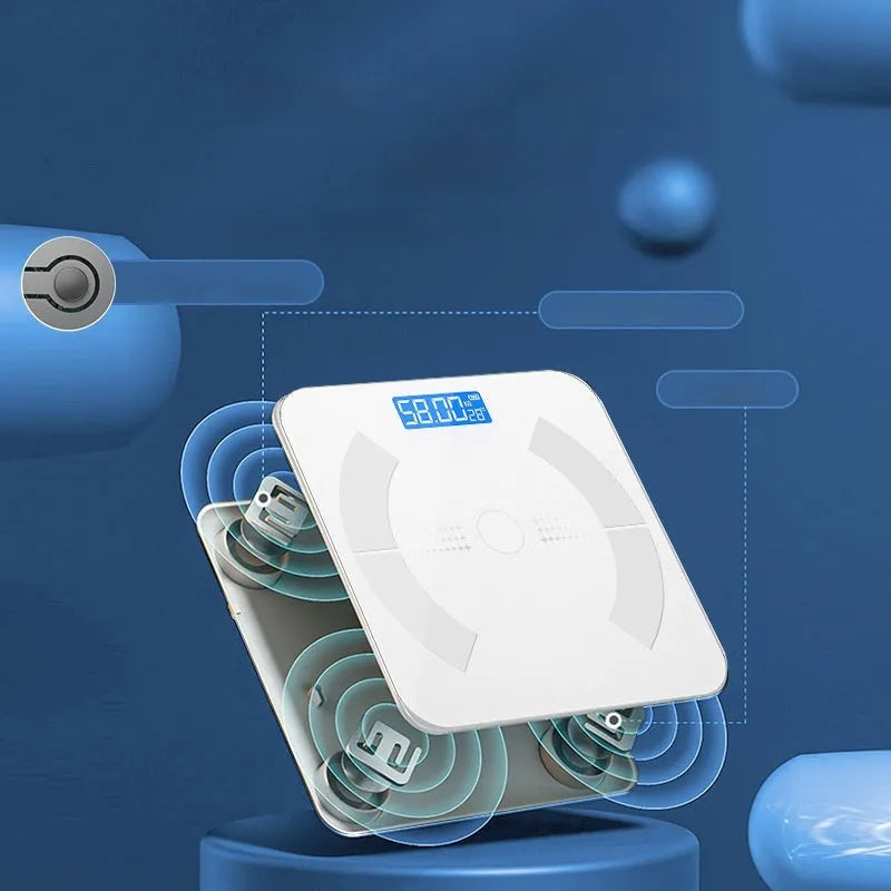 Smart Bluetooth body fat scale in white colour on bathroom floor