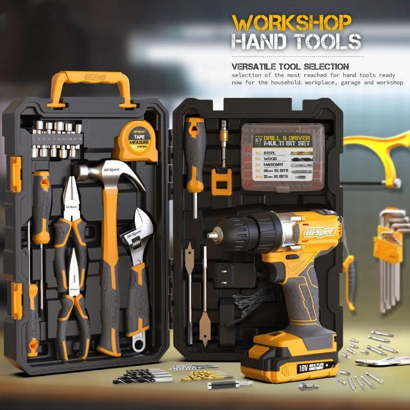Grey yellow US style tool kit case open to show 82 chrome-vanadium steel tools for furniture installation.