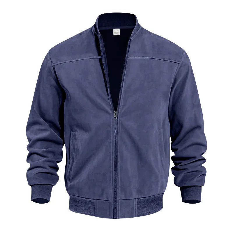 Men's casual plus-size suede zip jacket in Army Green shown on a model.