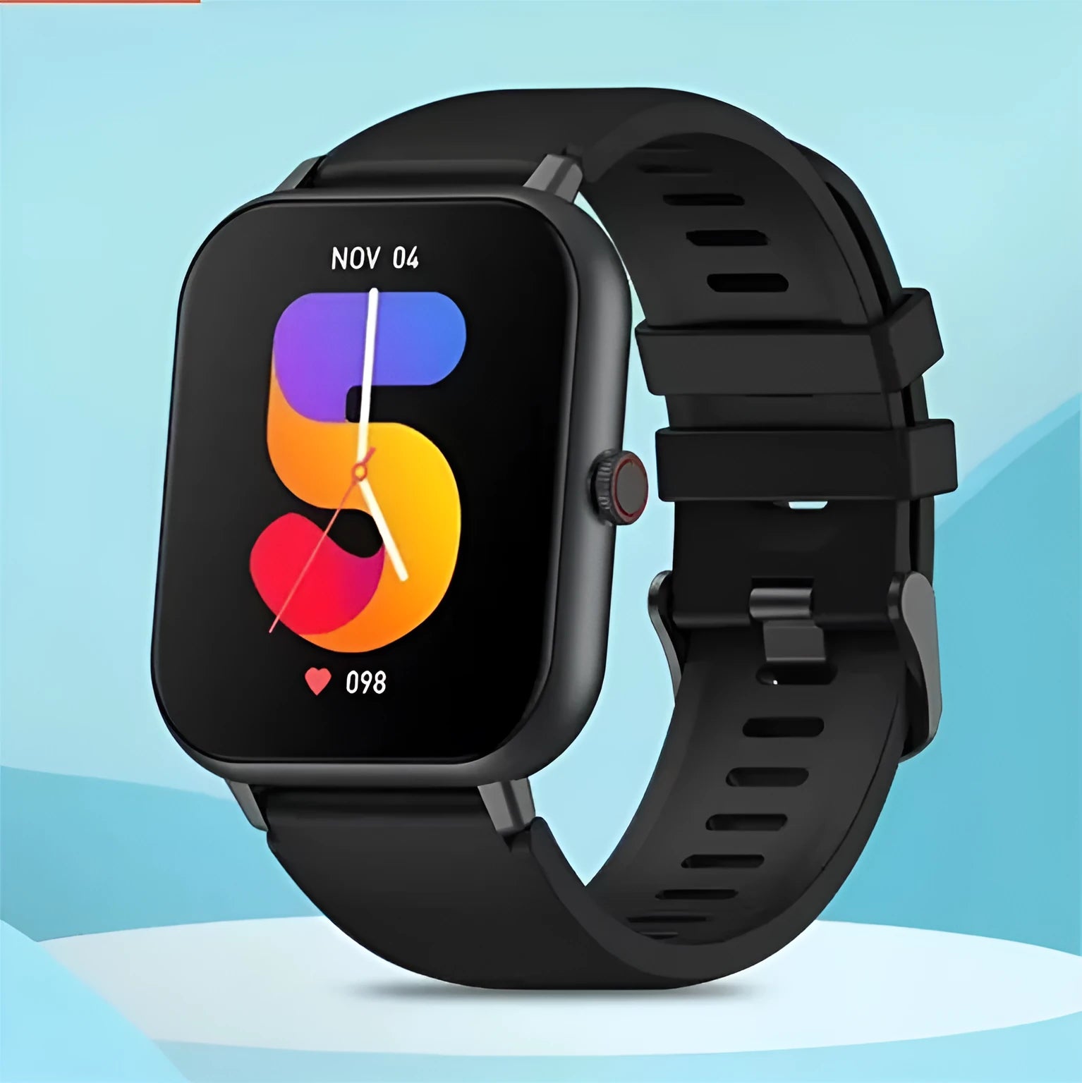Bluetooth smart watch with heart rate monitor on wrist in black, pink, silver grey, or khaki colour.