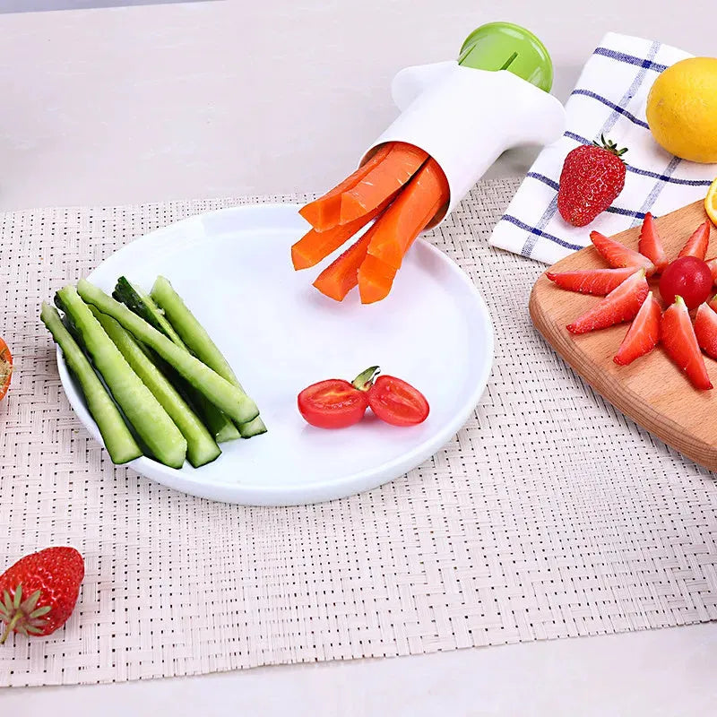 White plastic vegetable and fruit cutter with six stainless steel blades inside