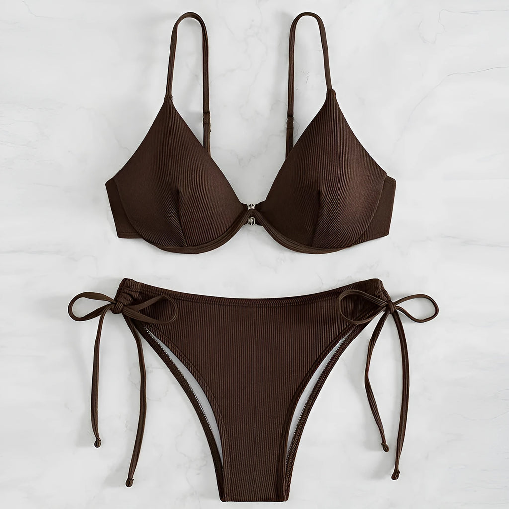 Two-piece underwire gather backless solid colour bikini for women