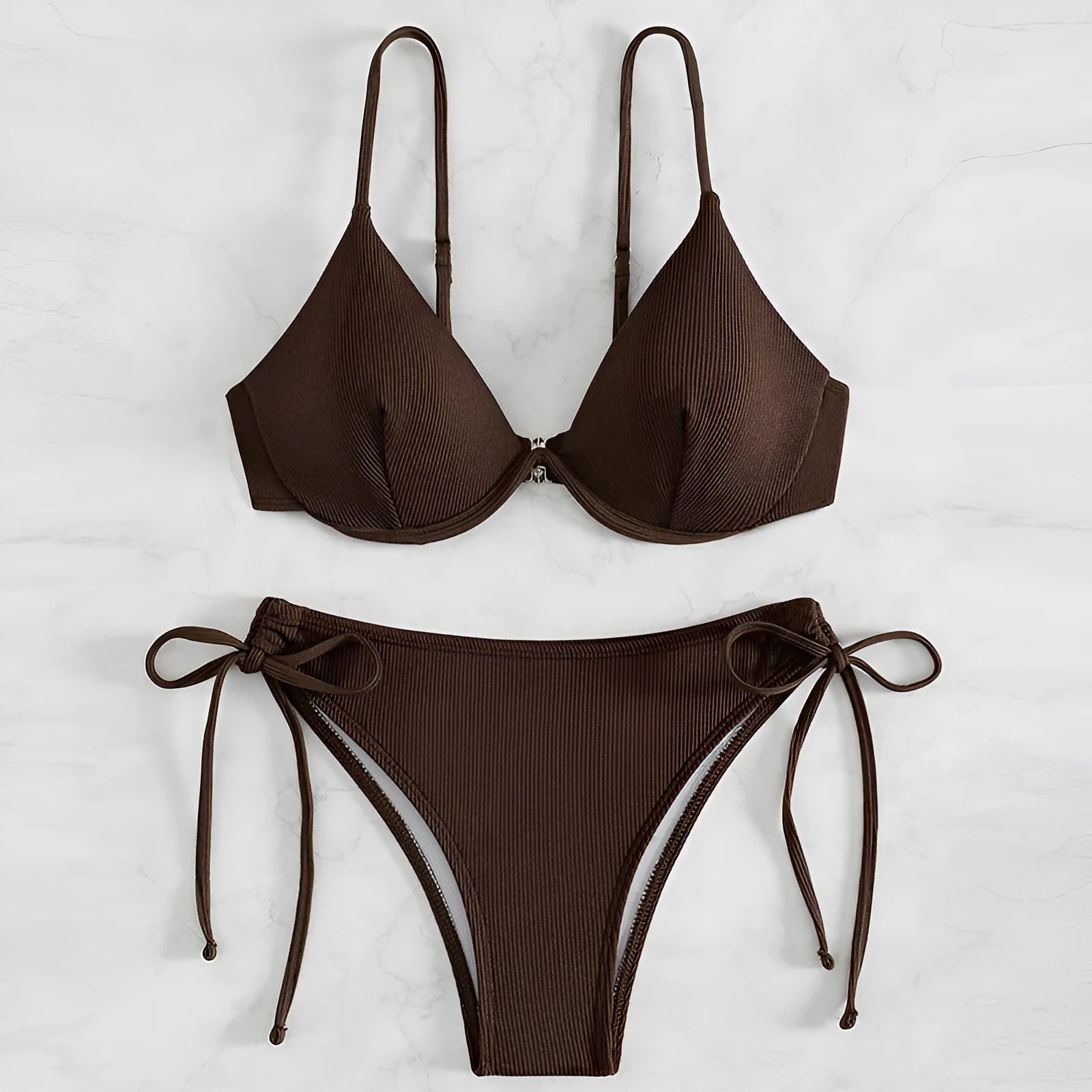 Two-piece underwire gather backless solid colour bikini for women