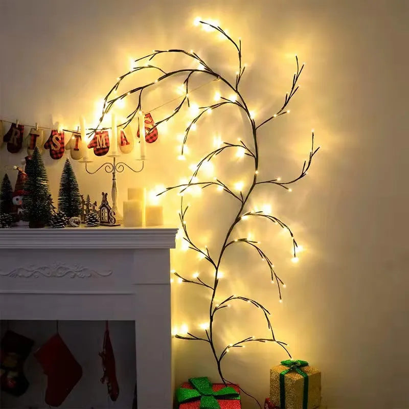 Flexible LED willow vine light garland with birch bark texture bent into a decorative shape