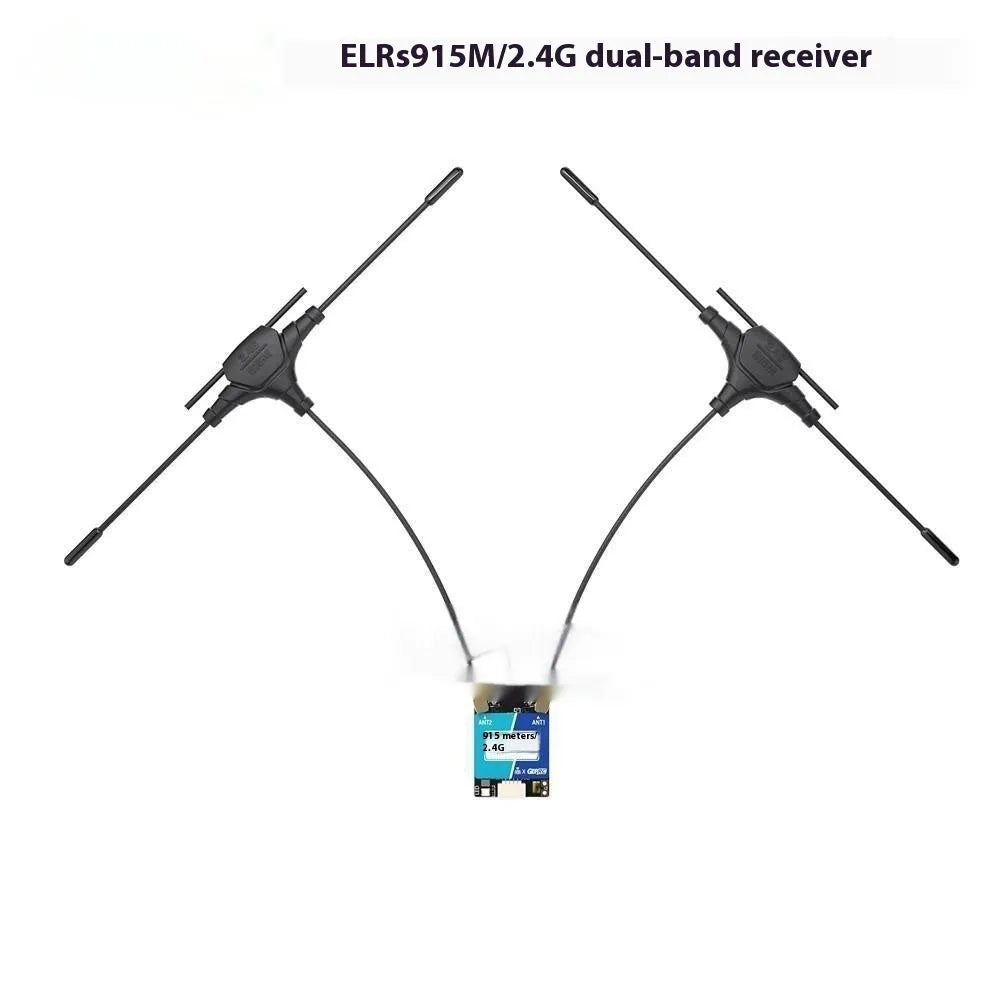 ELRS 915M 2.4G dual-frequency metal receiver base plant with two T-shaped antennas and silicone connecting wire.