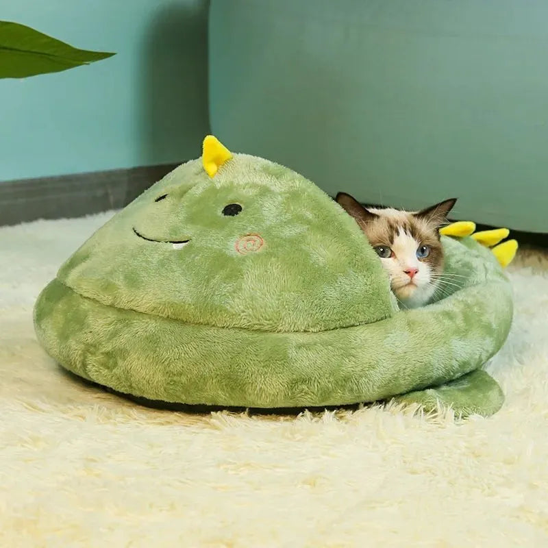 Semi-closed green pet bed with cartoon animal print, 50x45x7cm, for small cats and dogs