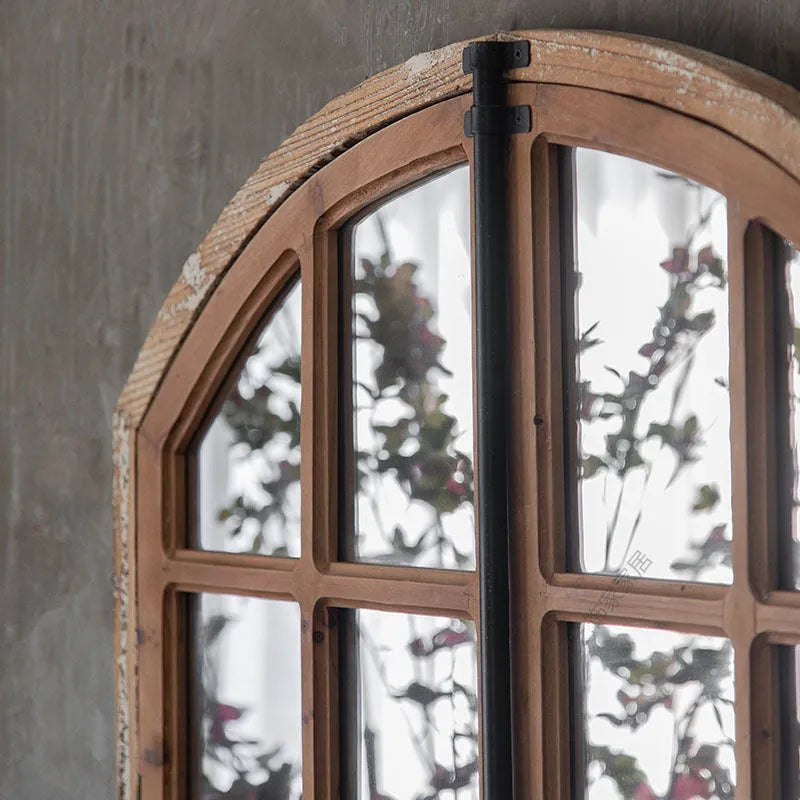 Terrace distressed fake window wall mirror with rustic log colour wooden-glass frame