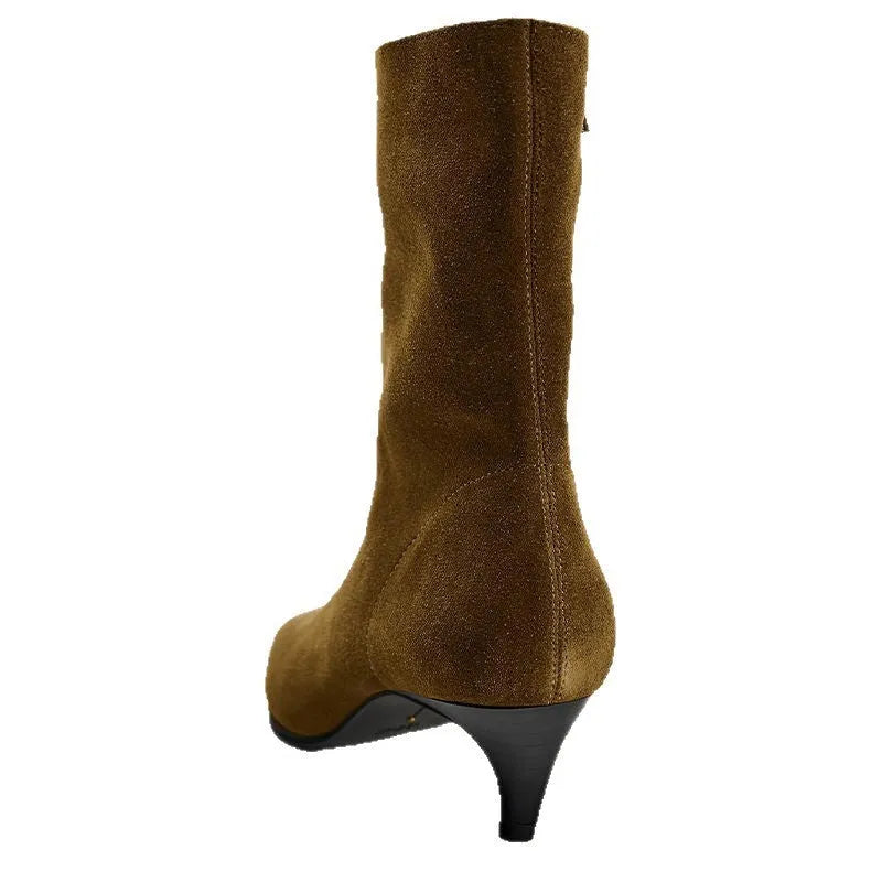 Brown square toe mid-heel ankle boot with side zipper and waterproof platform sole.