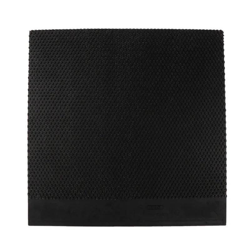 Single sheet of black and red raw table tennis rubber with a small particle surface.