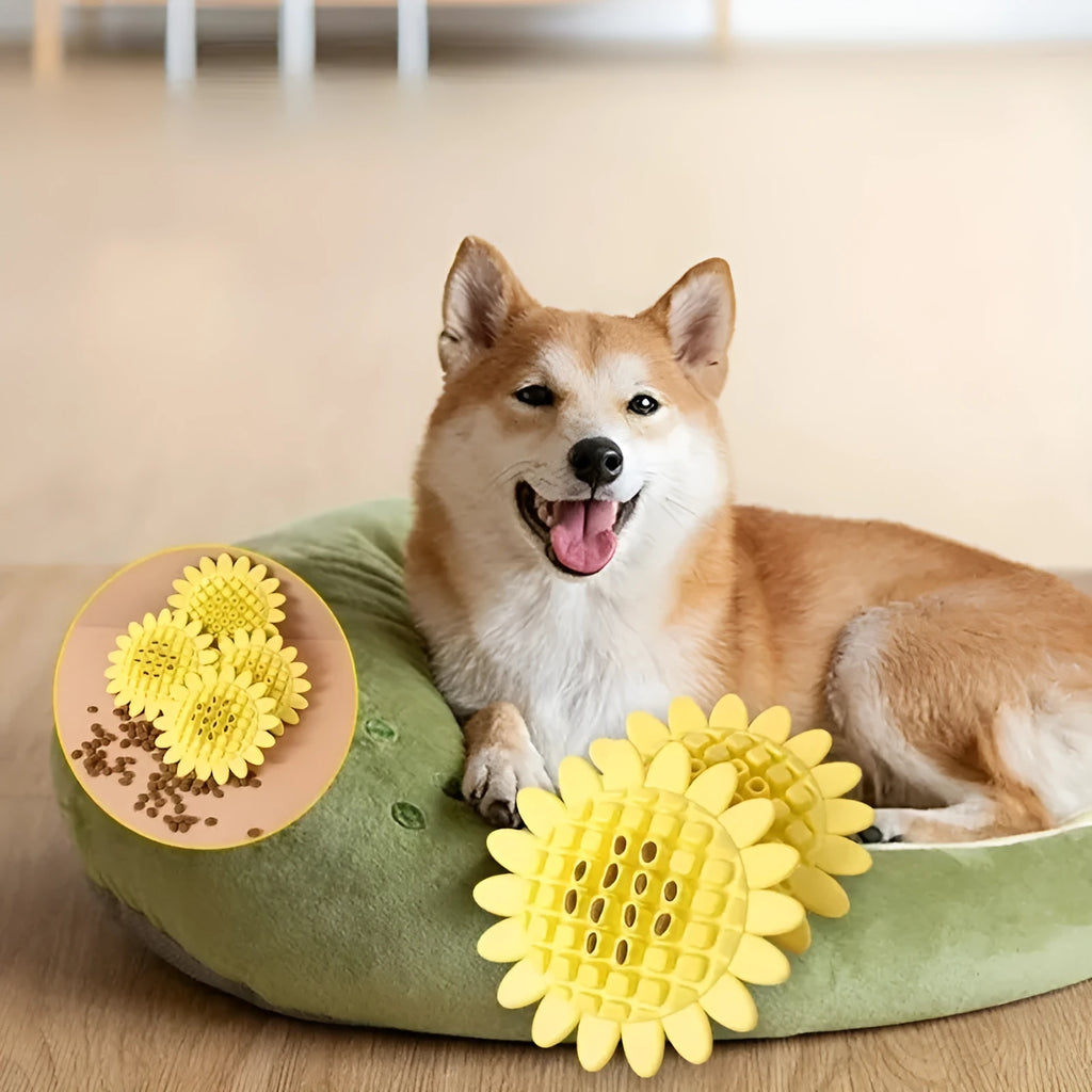 Yellow rubber sunflower-shaped dog chew toy for puppies and dogs